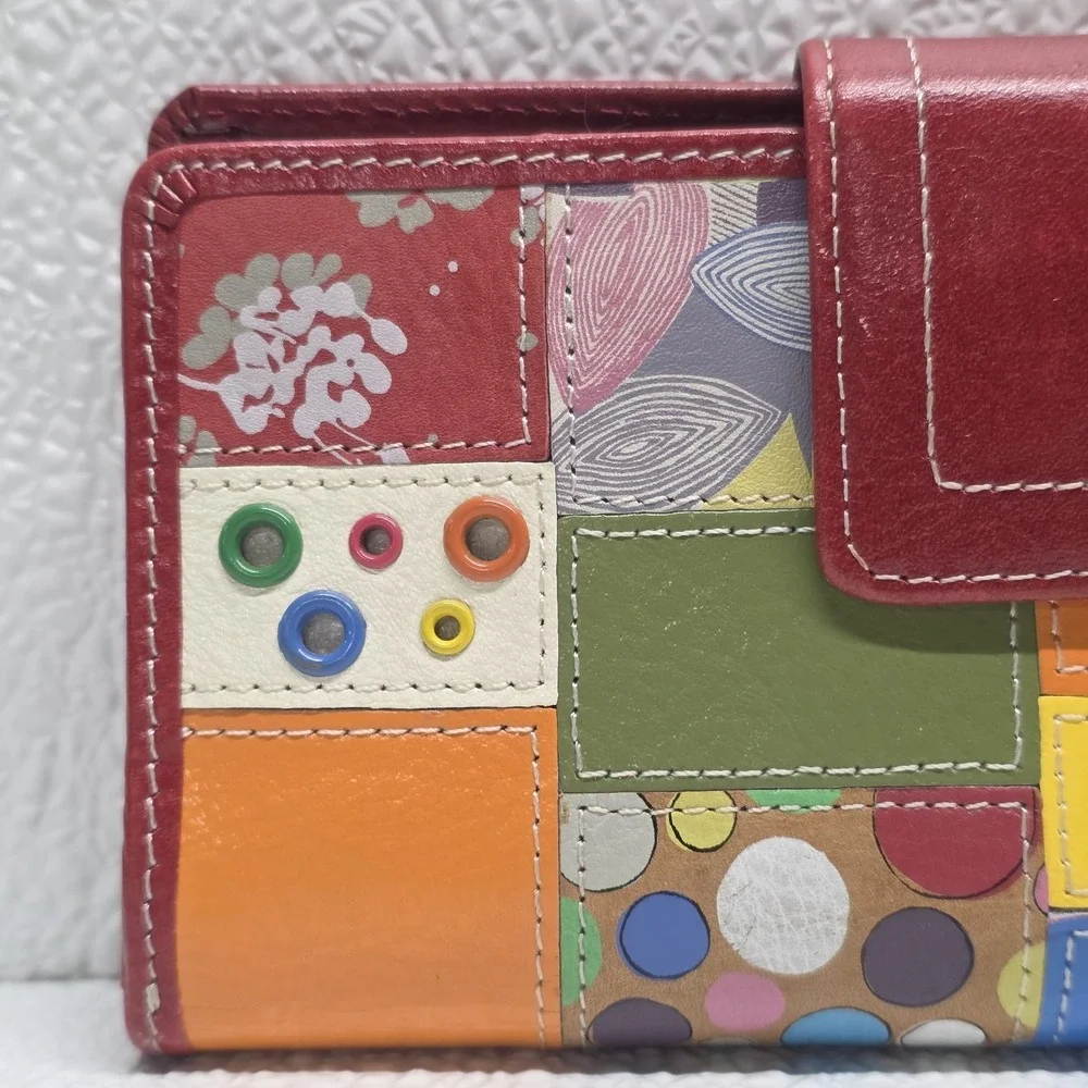 Fossil Red Leather Multicolor Patchwork Wallet Vintage
